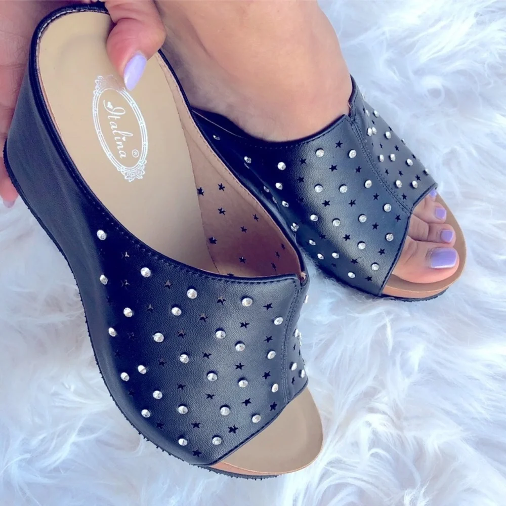Italina Black Star Rhinestone Embellished Comfortable Chunky Platform Wedge Heel - Picture 1 of 9